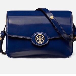 Tory Burch Robinson Spazzolato Convertible Leather Shoulder Bag, Navy, NWT